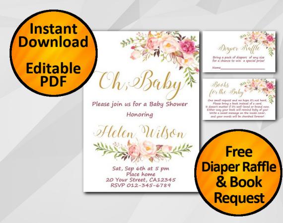 Instant Download Oh Baby Watercolor Baby Shower Invitation set