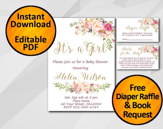 Instant Download Its a Girl Watercolor Baby Shower Invitation set
