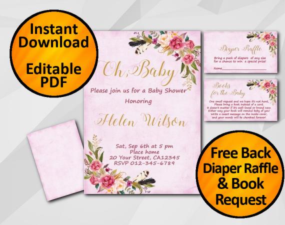 Instant Download Oh Baby Watercolor Baby Shower Fuchsia Invitation set