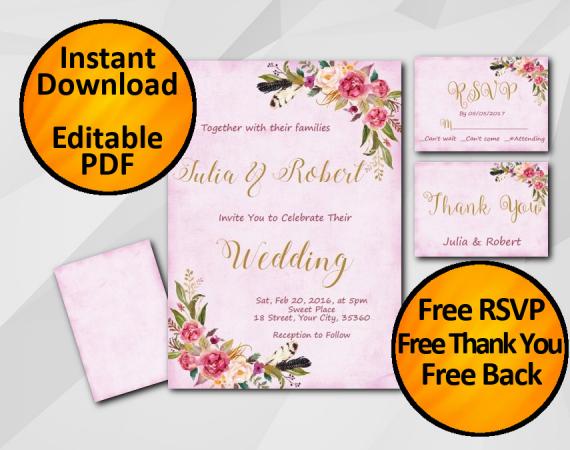 Instant Download Wedding Fuchsia Invitation set