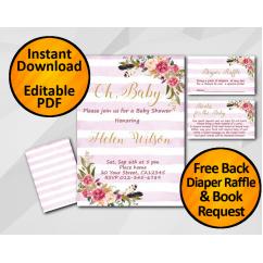 Oh Baby Watercolor Baby Shower Fuchsia Stripe Invitation set