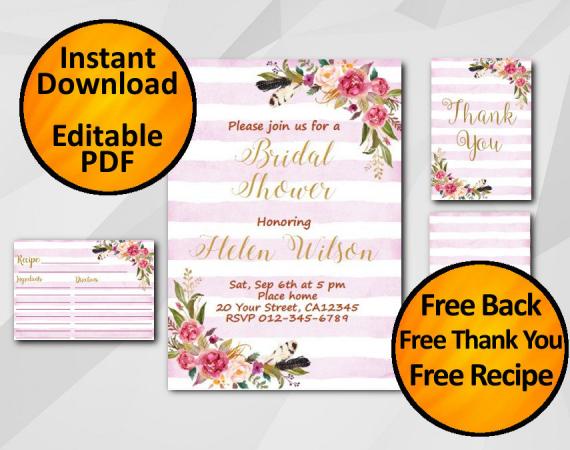Instant Download Watercolor Bridal Shower Fuchsia Stripe Invitation set