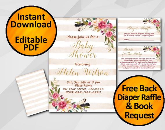 Instant Download Watercolor Baby Shower Peach Stripe Invitation set