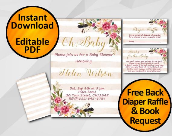 Instant Download Oh Baby Watercolor Baby Shower Peach Stripe Invitation set