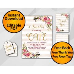 Watercolor 1st Birthday Peach Stripe Invitation set