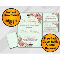 Oh Baby Watercolor Baby Shower Turquoise Invitation set