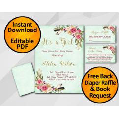 Its a Girl Watercolor Baby Shower Turquoise Invitation set