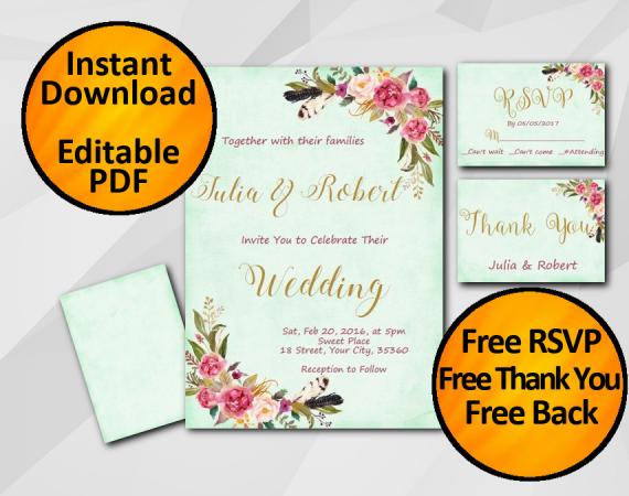 Instant Download Wedding Turquoise Invitation set