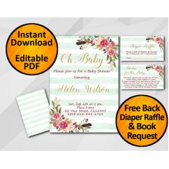 Oh Baby Watercolor Baby Shower Turquoise Stripe Invitation set
