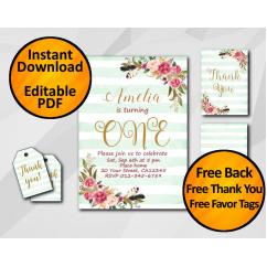 Watercolor 1st Birthday Turquoise Stripe Invitation set