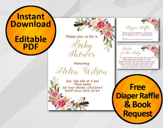 Instant Download Watercolor Baby Shower Invitation set
