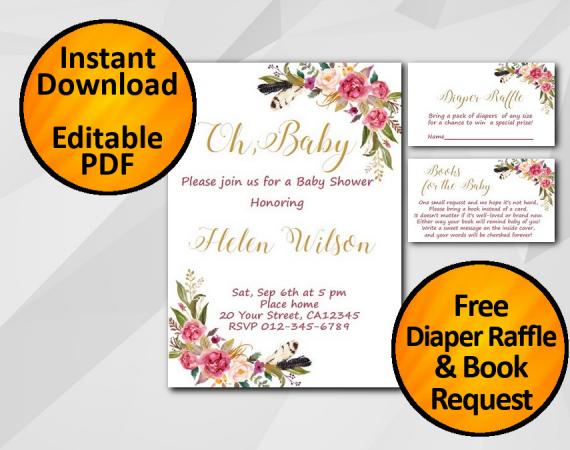 Instant Download Oh Baby Watercolor Baby Shower Invitation set