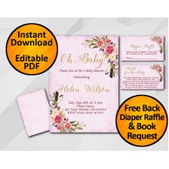 Oh Baby Watercolor Baby Shower Fuchsia Invitation set