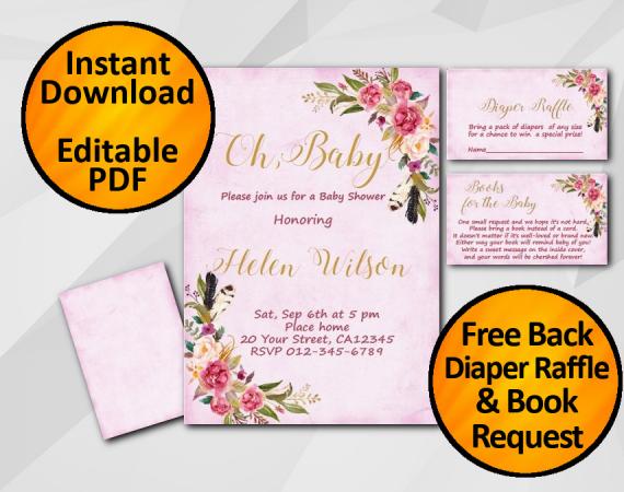 Instant Download Oh Baby Watercolor Baby Shower Fuchsia Invitation set