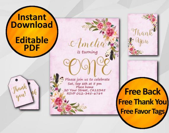 Instant Download Watercolor 1st Birthday Fuchsia Invitation set
