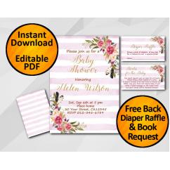 Watercolor Baby Shower Fuchsia Stripe Invitation set