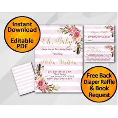 Oh Baby Watercolor Baby Shower Fuchsia Stripe Invitation set