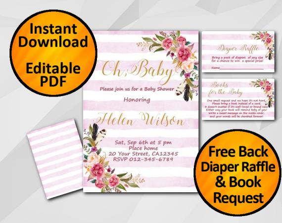 Instant Download Oh Baby Watercolor Baby Shower Fuchsia Stripe Invitation set