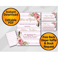 Its a Girl Watercolor Baby Shower Fuchsia Stripe Invitation set