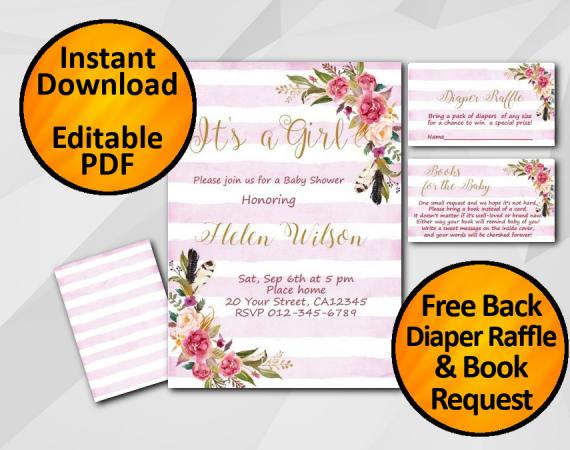 Instant Download Its a Girl Watercolor Baby Shower Fuchsia Stripe Invitation set