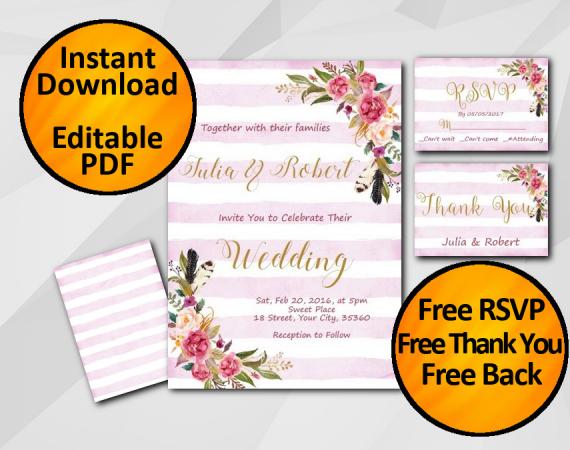 Instant Download Wedding Fuchsia Stripe Invitation set