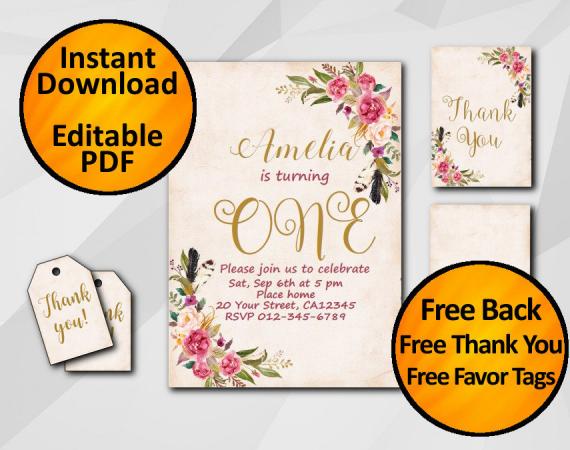 Instant Download Watercolor 1st Birthday Peach Invitation set