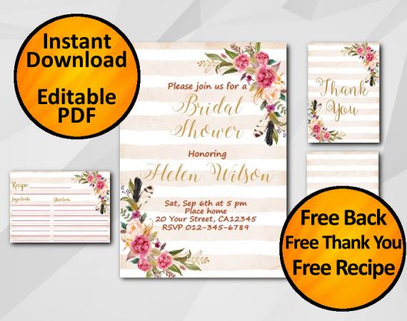 Instant Download Watercolor Bridal Shower Peach Stripe Invitation set