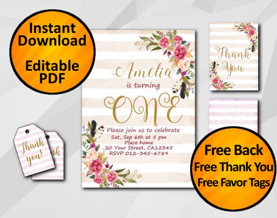 Instant Download Watercolor 1st Birthday Peach Stripe Invitation set