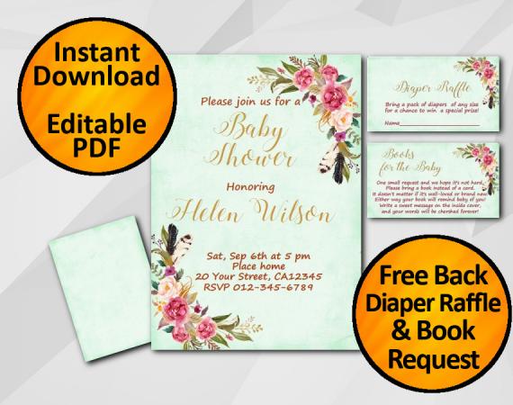 Instant Download Watercolor Baby Shower Turquoise Invitation set