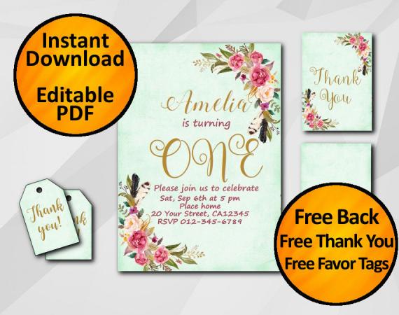 Instant Download Watercolor 1st Birthday Turquoise Invitation set