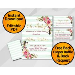 Oh Baby Watercolor Baby Shower Turquoise Stripe Invitation set