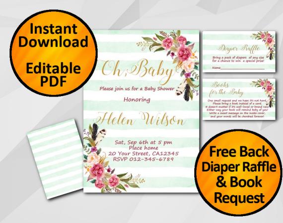 Instant Download Oh Baby Watercolor Baby Shower Turquoise Stripe Invitation set