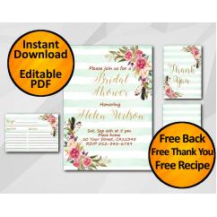 Watercolor Bridal Shower Turquoise Stripe Invitation set