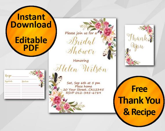 Instant Download Watercolor Bridal Shower Invitation set