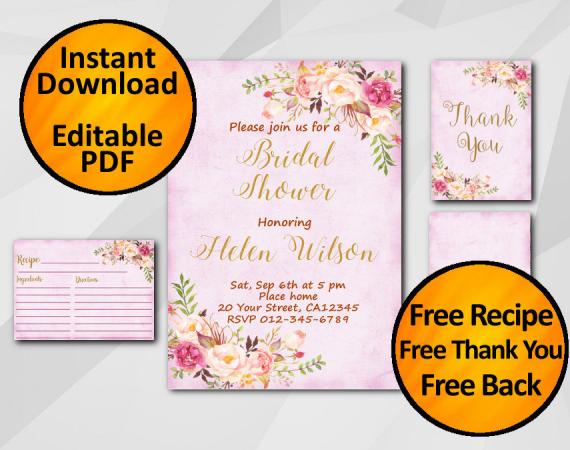 Instant Download Watercolor Bridal Shower Fuchsia Invitation set
