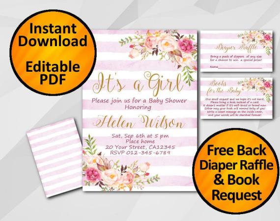 Instant Download Its a Girl Watercolor Baby Shower Fuchsia Stripe Invitation set
