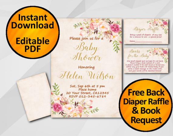 Instant Download Watercolor Baby Shower Peach Invitation set