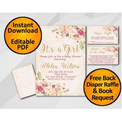 Its a Girl Watercolor Baby Shower Peach Invitation set