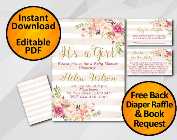 Instant Download Its a Girl Watercolor Baby Shower Peach Stripe Invitation set