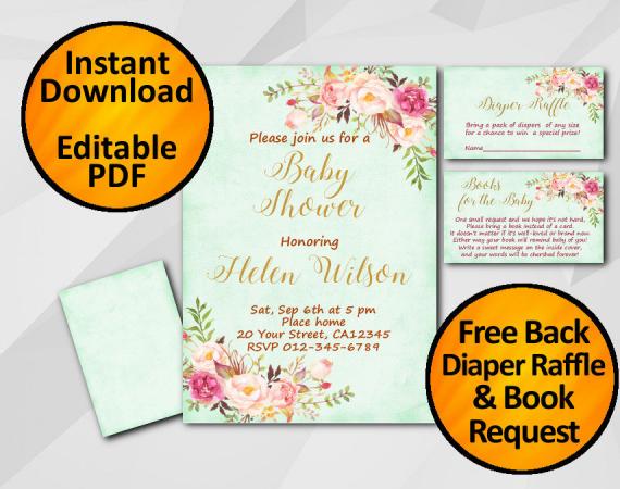 Instant Download Watercolor Baby Shower Turquoise Invitation set