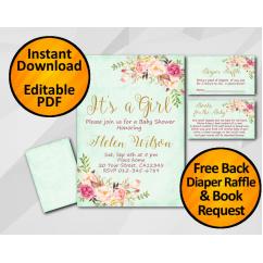 Its a Girl Watercolor Baby Shower Turquoise Invitation set