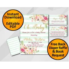 Oh Baby Watercolor Baby Shower Turquoise Stripe Invitation set