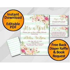 Its a Girl Watercolor Baby Shower Turquoise Stripe Invitation set