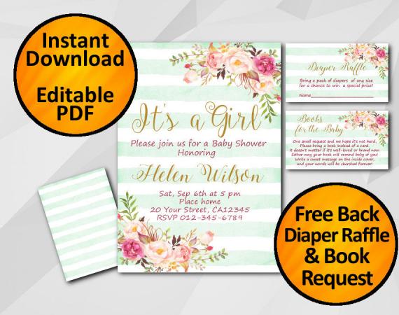Instant Download Its a Girl Watercolor Baby Shower Turquoise Stripe Invitation set