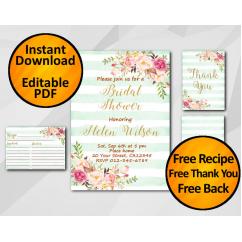 Watercolor Bridal Shower Turquoise Stripe Invitation set