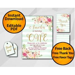 Watercolor 1st Birthday Turquoise Stripe Invitation set
