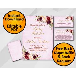 Watercolor Baby Shower Fuchsia Invitation set