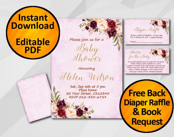Instant Download Watercolor Baby Shower Fuchsia Invitation set