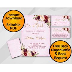 Its a Girl Watercolor Baby Shower Fuchsia Invitation set