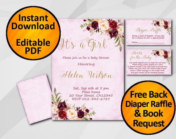 Instant Download Its a Girl Watercolor Baby Shower Fuchsia Invitation set